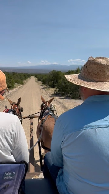People riding in a horse-drawn wagon along a rural road with mountains in the distance